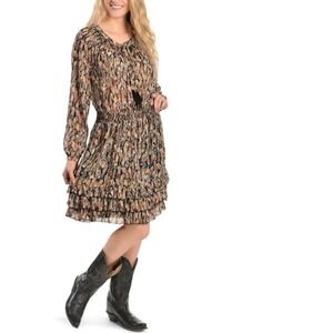 Scully Feather Print Chiffon Smocked Waist Ruffle Dress Womens Size Large